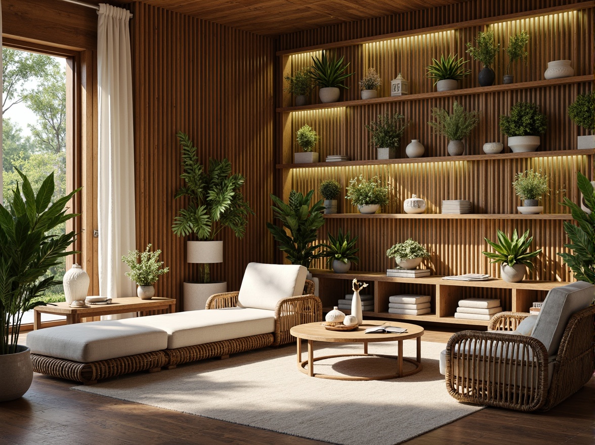 Prompt: Earthy tones, reclaimed wood accents, living green walls, organic shapes, natural stone flooring, bamboo textures, woven rattan furniture, eco-friendly materials, sustainable architecture, minimalist design, abundant natural light, soft warm ambiance, shallow depth of field, 1/1 composition, realistic rendering, ambient occlusion.