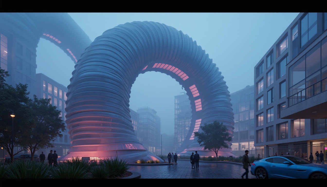 Prompt: Curved blob-like structures, organic shapes, futuristic architecture, iridescent colors, glowing neon lights, misty atmosphere, foggy surroundings, eerie ambiance, avant-garde design, experimental forms, amoeba-inspired buildings, fluid dynamics, soft focus, shallow depth of field, 1/1 composition, cinematic lighting, atmospheric perspective, dreamlike quality, surreal textures, subtle animations.