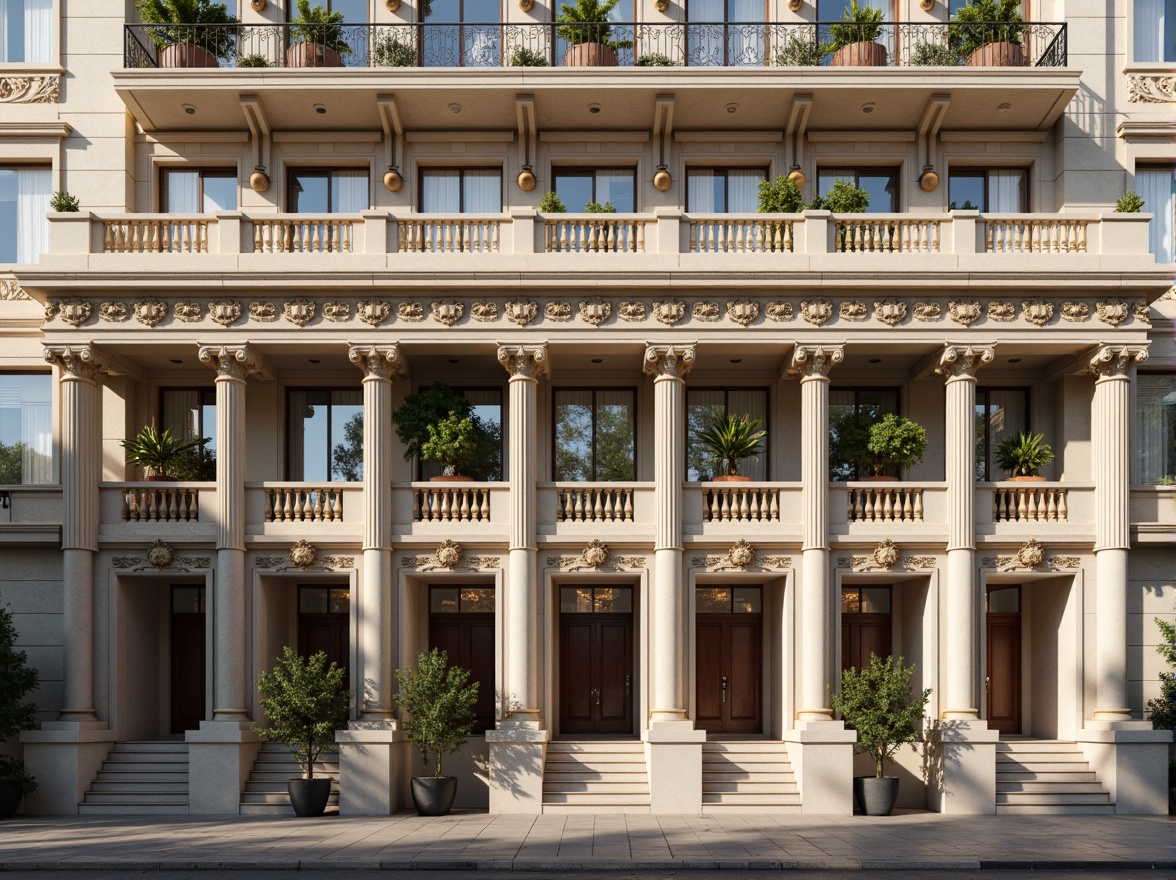 Prompt: Grandiose building facade, ornate columns, intricately carved details, symmetrical composition, classical proportions, limestone or marble materials, subtle color palette, soft natural light, warm afternoon ambiance, shallow depth of field, 2/3 composition, realistic textures, ambient occlusion, ornamental balustrades, decorative friezes, sculpted pediments, grand entranceways, sweeping staircases, elegant archways, refined moldings, luxurious ornamentation.