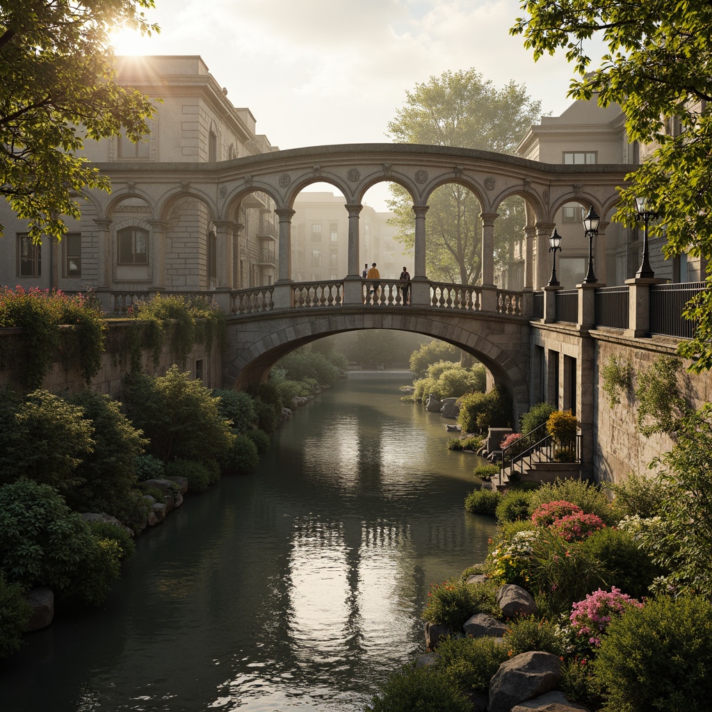 Prompt: Ancient stone bridges, ornate balustrades, rustic arches, weathered stonework, moss-covered piers, tranquil water reflections, serene riverbanks, lush greenery, vibrant flowers, historic lamp posts, decorative ironwork, grandiose entranceways, symmetrical composition, warm golden lighting, soft misty atmosphere, 1/2 composition, realistic textures, ambient occlusion.