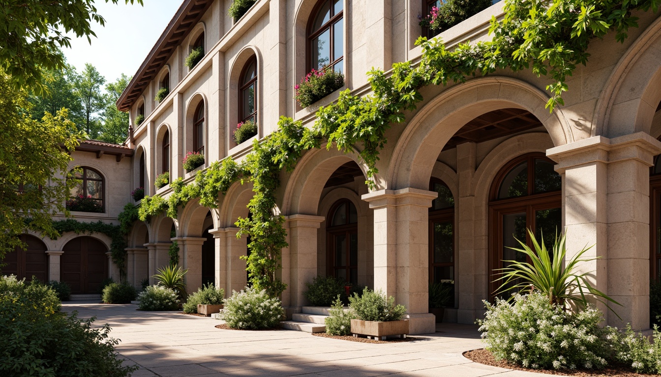 Prompt: Rustic university building, Romanesque style architecture, ornate stone carvings, arched windows, grand entranceways, heavy wooden doors, intricate ironwork, weathered stone walls, lush green ivy, vibrant flower boxes, decorative cornices, classical columns, warm beige stonework, soft afternoon lighting, shallow depth of field, 1/2 composition, realistic textures, ambient occlusion.