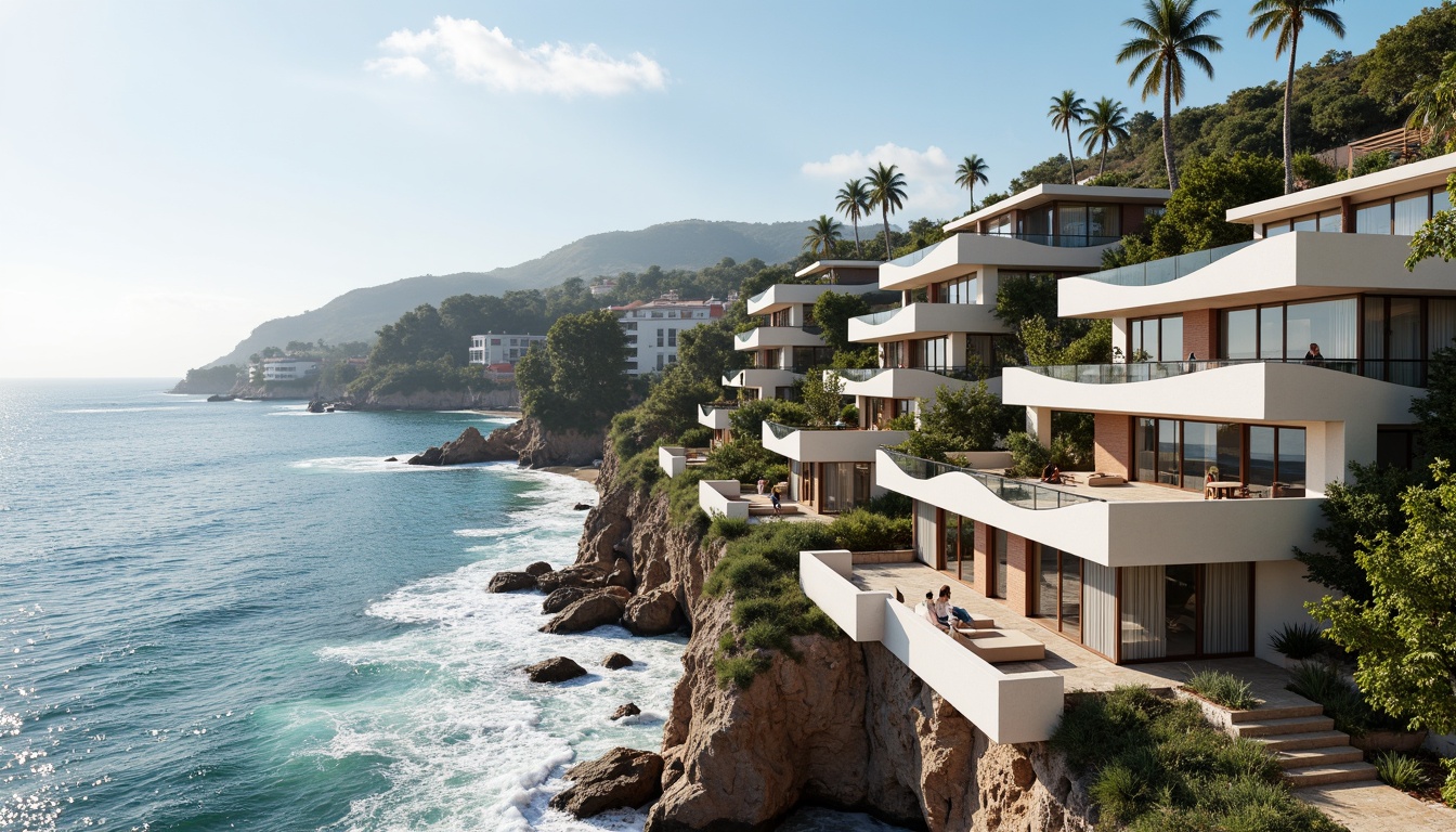 Prompt: Wave-crashing coastline, salty sea air, rugged cliffside, modern coastal architecture, undulating fa\u00e7ades, wavy balconies, ocean-inspired railings, driftwood accents, weathered wooden planks, beachy color palette, soft blue hues, creamy whites, coral pinks, large windows, sliding glass doors, natural ventilation systems, solar panels, green roofs, eco-friendly materials, cantilevered structures, dramatic overhangs, 3/4 composition, panoramic view, realistic textures, ambient occlusion.