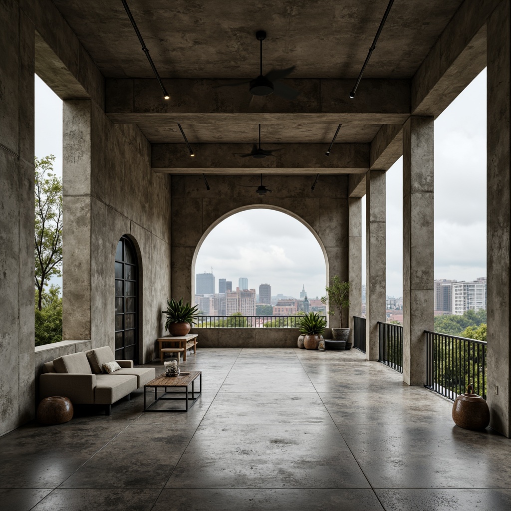 Prompt: Exposed concrete walls, rugged stone floors, industrial metal beams, brutalist architecture, raw unfinished textures, earthy tone color palette, muted greenery, weathered wood accents, functional minimalist decor, utilitarian furniture, urban cityscape views, overcast skies, dramatic shadows, high contrast lighting, 1/1 composition, symmetrical framing, realistic material rendering.