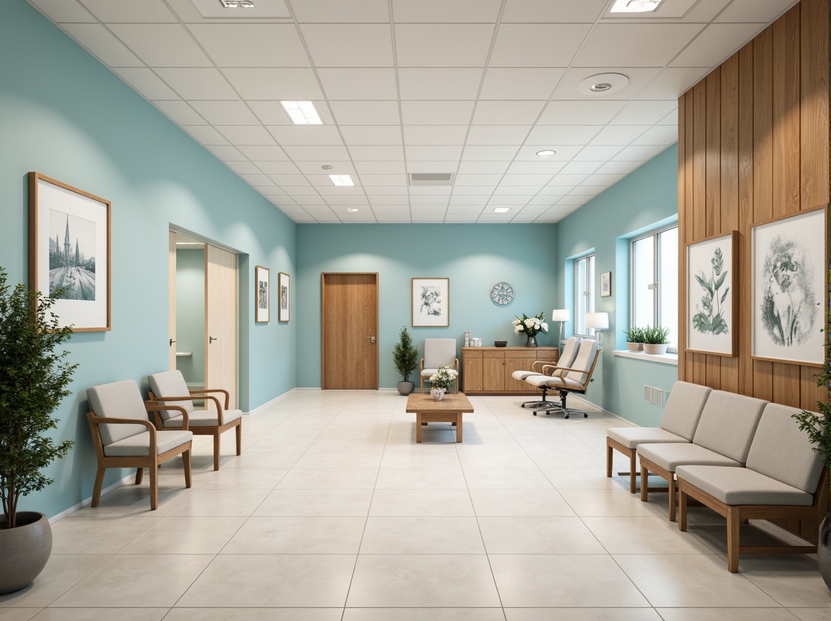 Prompt: Calming medical clinic, soothing color scheme, pastel shades, gentle blues, whites, creams, warm beige tones, natural wood accents, comfortable waiting areas, modern medical equipment, sterile environments, soft indirect lighting, 1/2 composition, shallow depth of field, realistic textures, ambient occlusion.