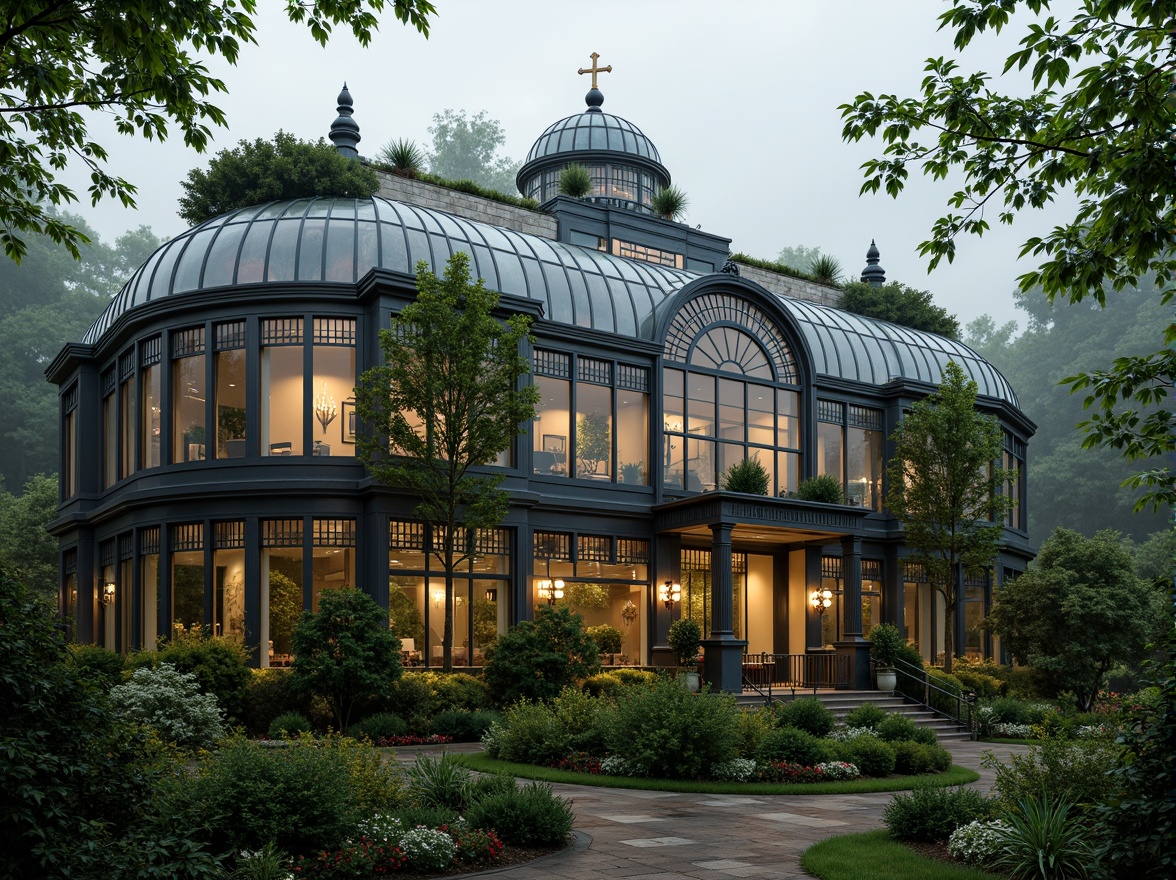 Prompt: Elegant greenhouse, ornate metal frames, lush greenery, exotic plants, Victorian-era inspired architecture, intricate glass details, curved lines, symmetrical facades, grand entranceways, decorative finials, ornamental ridges, natural stone foundations, rustic wooden accents, soft warm lighting, misty atmosphere, shallow depth of field, 1/1 composition, realistic textures, ambient occlusion.