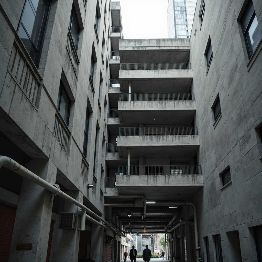 Prompt: Exposed concrete walls, rugged textures, industrial pipes, raw steel beams, minimalist balconies, brutalist architecture, urban cityscape, gloomy overcast sky, dramatic shadows, high-contrast lighting, bold geometric forms, functional simplicity, distressed finishes, poured-in-place concrete, cold monochromatic color palette, 1/1 composition, low-angle shot, cinematic atmosphere, gritty realistic textures.