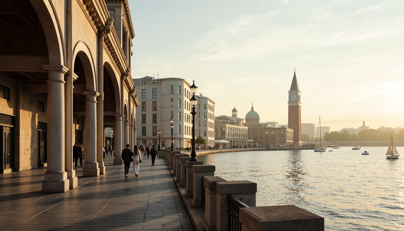 Prompt: Riverfront promenade, ornate balustrades, grandiose columns, symmetrical facades, classical arches, elegant cornices, limestone buildings, majestic clock towers, tranquil water reflections, sailboats, seagulls, misty morning atmosphere, warm golden lighting, shallow depth of field, 1/2 composition, panoramic view, realistic textures, ambient occlusion.