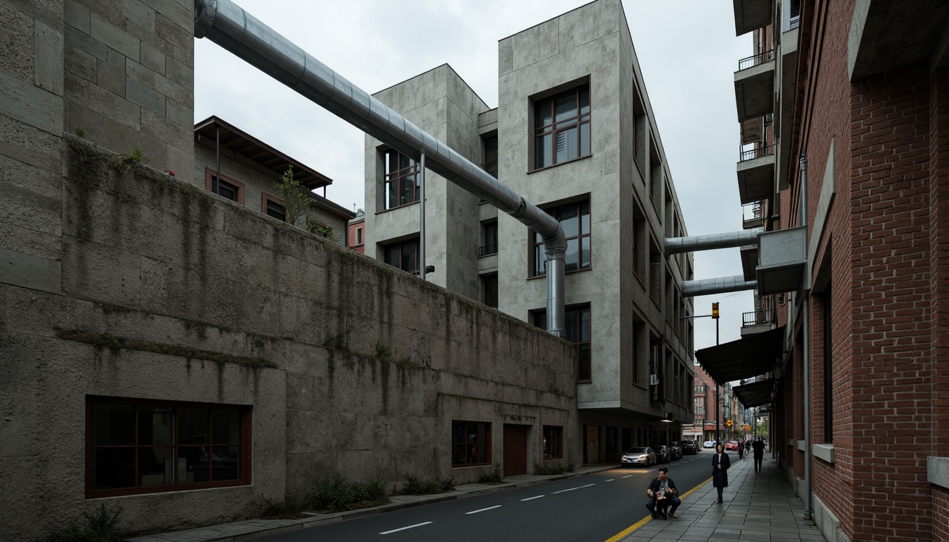 Prompt: Rough concrete walls, exposed ductwork, industrial metal beams, raw brick facades, weathered stone surfaces, distressed wood accents, brutalist monumentality, fortress-like structures, urban cityscape, overcast skies, dramatic shadows, high-contrast lighting, cinematic composition, gritty realistic textures, ambient occlusion.