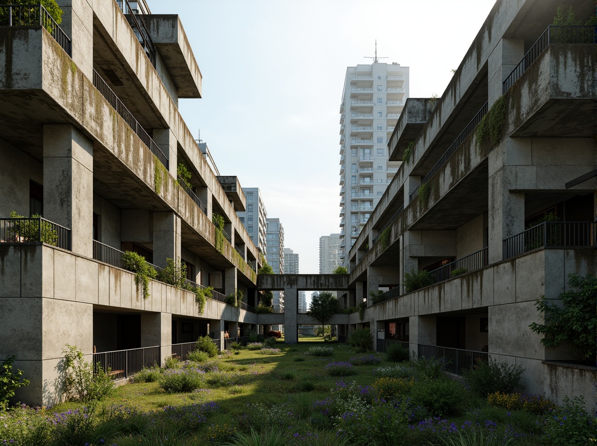 Prompt: Rugged brutalist buildings, raw concrete textures, fortress-like structures, overgrown vegetation, wildflowers, moss-covered walls, weathered steel beams, industrial materials, urban landscape integration, cityscape views, elevated walkways, cantilevered sections, dramatic shadows, harsh natural light, 1/1 composition, symmetrical framing, high-contrast colors, gritty realistic textures, ambient occlusion.