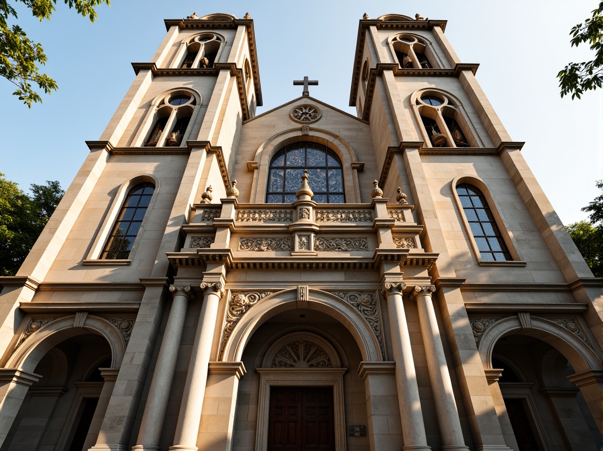 Prompt: Grandiose church facade, ornate stone carvings, symmetrical composition, soaring bell towers, intricate stained glass windows, majestic entrance archways, rusticated quoins, Corinthian columns, decorative pilasters, ornamental pediments, subtle weathered stone textures, warm golden lighting, soft focus, shallow depth of field, 2/3 composition, realistic architectural details, ambient occlusion.