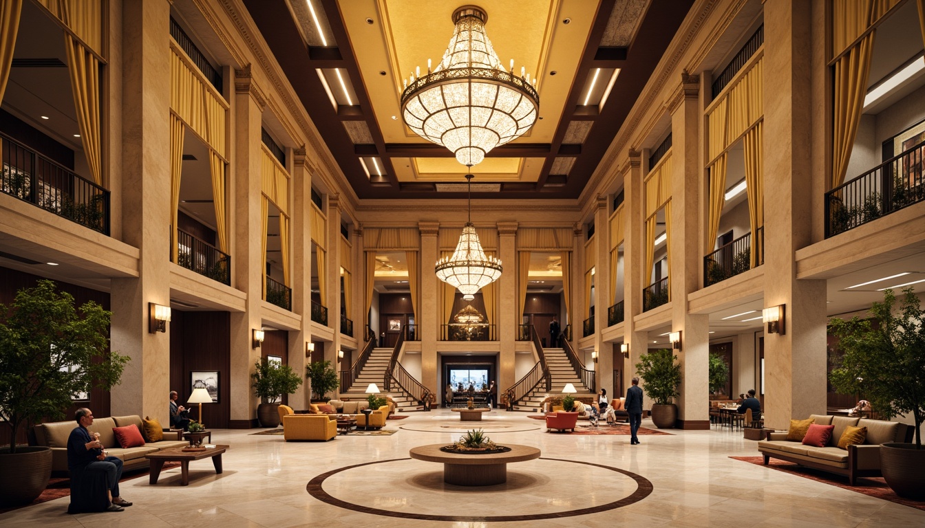 Prompt: Grand hotel lobby, high ceilings, ornate chandeliers, marble floors, symmetrical layout, classical columns, intricate moldings, luxurious furnishings, velvet drapes, golden accents, elegant staircases, spacious ballrooms, crystal chandeliers, refined wood paneling, sophisticated color palette, soft warm lighting, shallow depth of field, 1/1 composition, realistic textures, ambient occlusion.