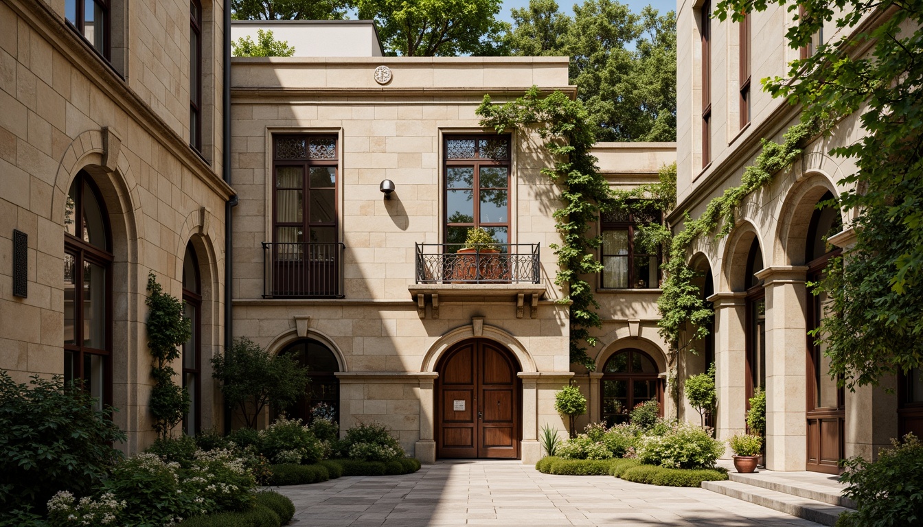 Prompt: Rustic university building, Romanesque style architecture, ornate stone carvings, arched windows, grand entranceways, heavy wooden doors, intricate ironwork, weathered stone walls, lush green ivy, vibrant flower boxes, decorative cornices, classical columns, warm beige stonework, soft afternoon lighting, shallow depth of field, 1/2 composition, realistic textures, ambient occlusion.