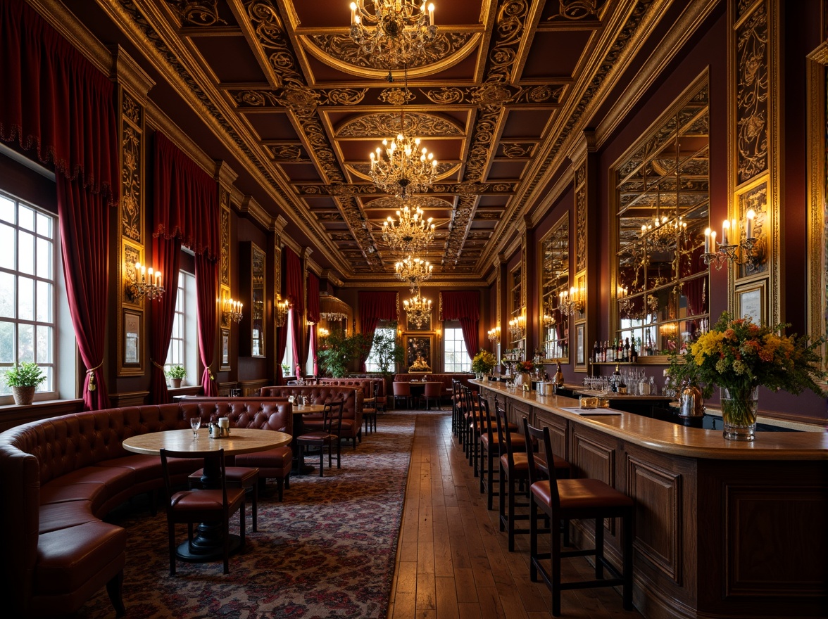 Prompt: Richly ornamented pub interior, lavish golden accents, intricately carved wooden panels, ornate mirrors, crystal chandeliers, velvet drapes, luxurious fabrics, gilded frames, antique furniture, curved lines, opulent textures, warm candlelight, soft focus, shallow depth of field, 1/2 composition, dramatic lighting, realistic reflections, ambient occlusion.