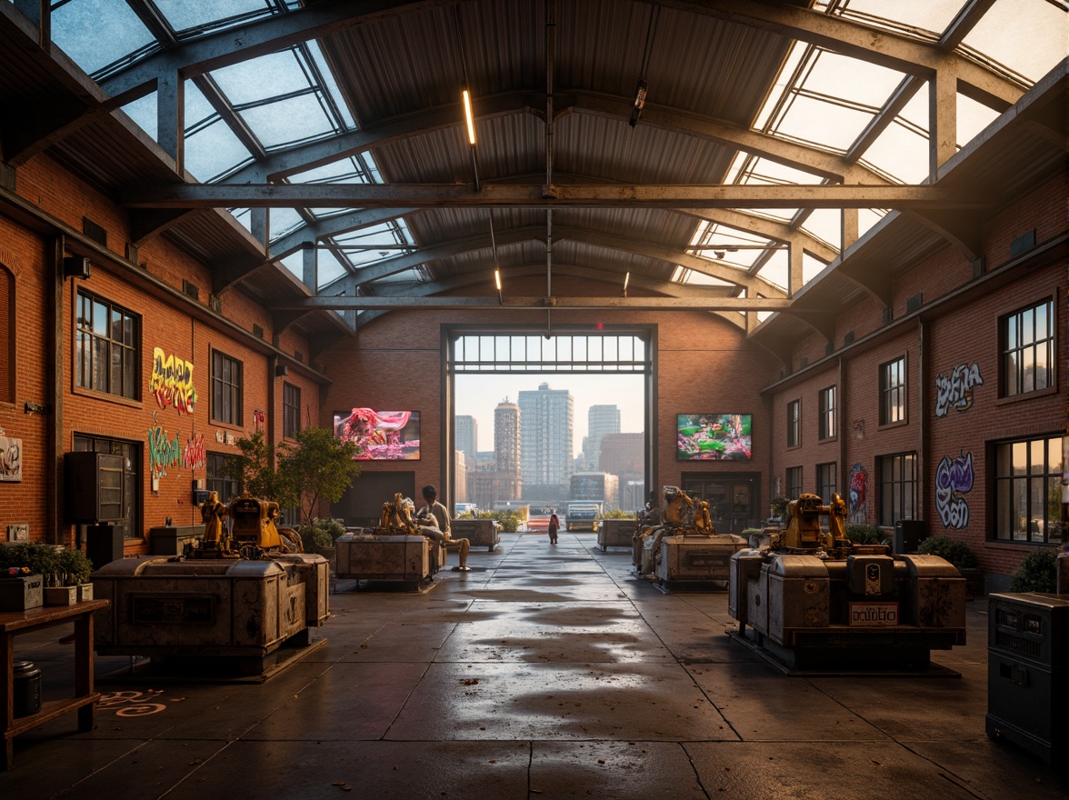 Prompt: Industrial warehouse, exposed brick walls, metallic beams, reclaimed wood accents, neon lights, futuristic machinery, robotic arms, cyberpunk-inspired graffiti, urban cityscape, misty atmosphere, warm golden lighting, shallow depth of field, 1/2 composition, cinematic view, realistic textures, ambient occlusion, rusty metal cladding, corrugated iron sheets, transparent glass roofs, cantilevered structures, angular lines, minimalist design, innovative materials, high-tech gadgets.