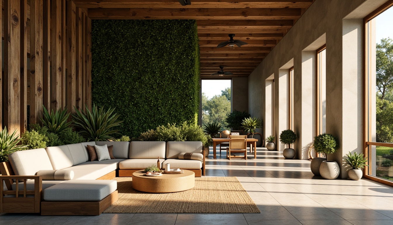 Prompt: Earthy tones, reclaimed wood accents, living green walls, organic shapes, natural stone flooring, bamboo textures, woven rattan furniture, eco-friendly materials, sustainable architecture, minimalist design, abundant natural light, soft warm ambiance, shallow depth of field, 1/1 composition, realistic rendering, ambient occlusion.