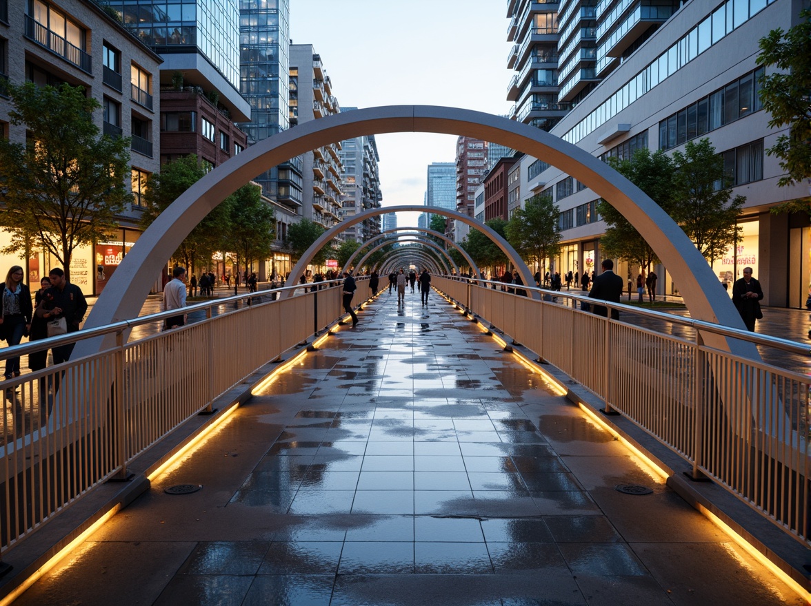 Prompt: Futuristic pedestrian bridge, sleek metal railings, translucent glass floors, LED lighting strips, dynamic arches, suspended walkways, urban cityscape, bustling streets, modern skyscrapers, vibrant street art, eclectic crowd, warm evening ambiance, soft golden lighting, shallow depth of field, 1/2 composition, realistic reflections, ambient occlusion, durable stainless steel, weathered wood accents, high-strength concrete piers, cantilevered sections, minimalist support columns.