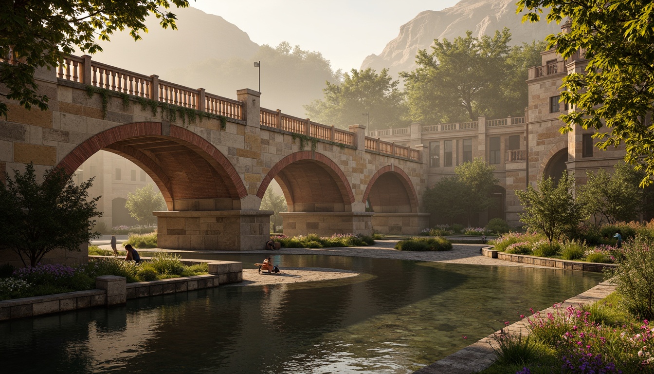 Prompt: Rustic stone bridges, ornate balustrades, weathered wooden railings, warm beige stonework, earthy red brick arches, moss-covered piers, soft golden lighting, misty atmospheric effects, serene river waters, lush greenery, vibrant floral arrangements, intricate carvings, classical architectural details, subtle texture overlays, realistic stone normal maps, cinematic camera angles, 1/2 composition, warm color grading.