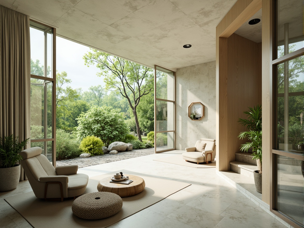 Prompt: Soft celadon hues, calming atmosphere, serene natural surroundings, lush greenery, subtle texture variations, earthy tone accents, creamy white marble, warm beige stone walls, minimalist modern architecture, large windows, sliding glass doors, cozy reading nooks, plush furnishings, soft diffused lighting, shallow depth of field, 3/4 composition, realistic textures, ambient occlusion.