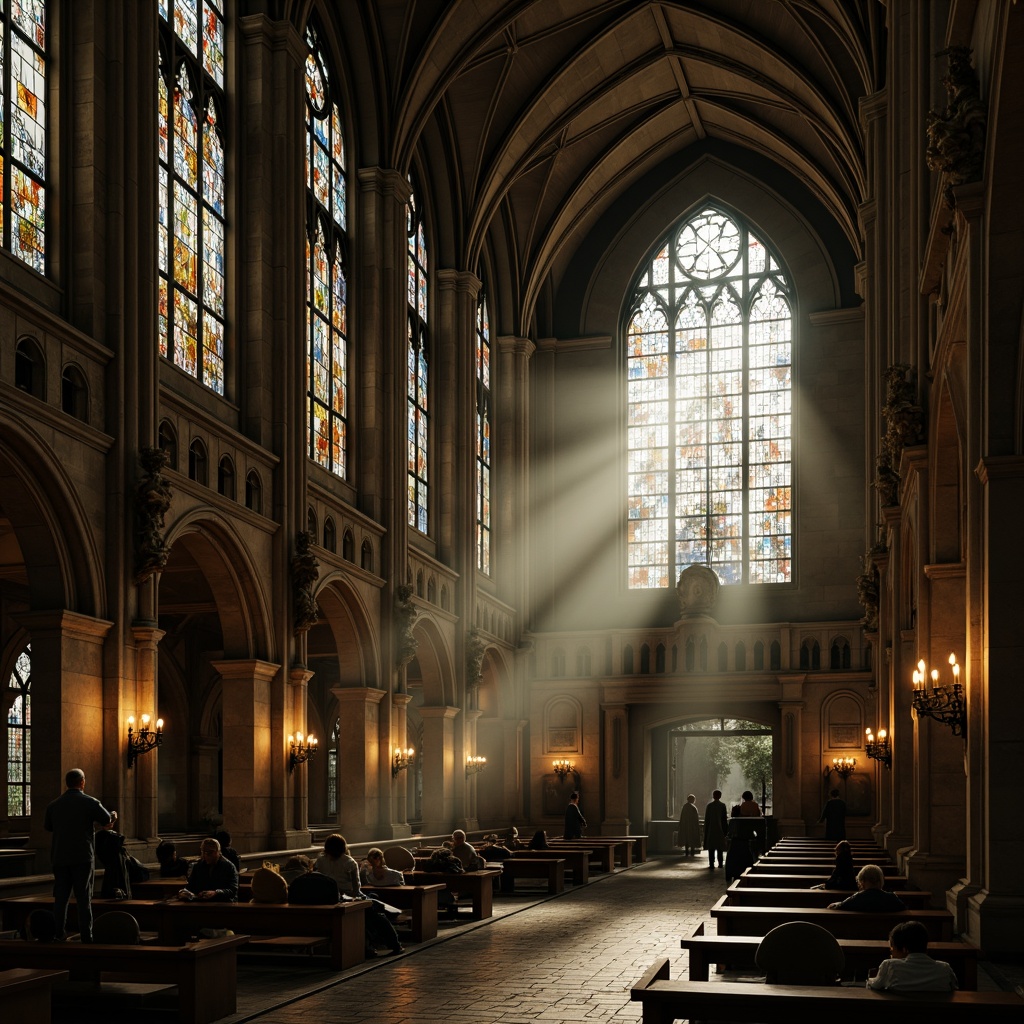 Prompt: Mysterious Gothic cathedral, khaki stone walls, ornate carvings, stained glass windows, grandiose vaulted ceilings, intricate archways, mystical ambiance, warm candlelight, eerie shadows, mysterious fog, misty atmosphere, dramatic lighting, 1/2 composition, low-angle shot, cinematic mood, rich textures, subtle grain.