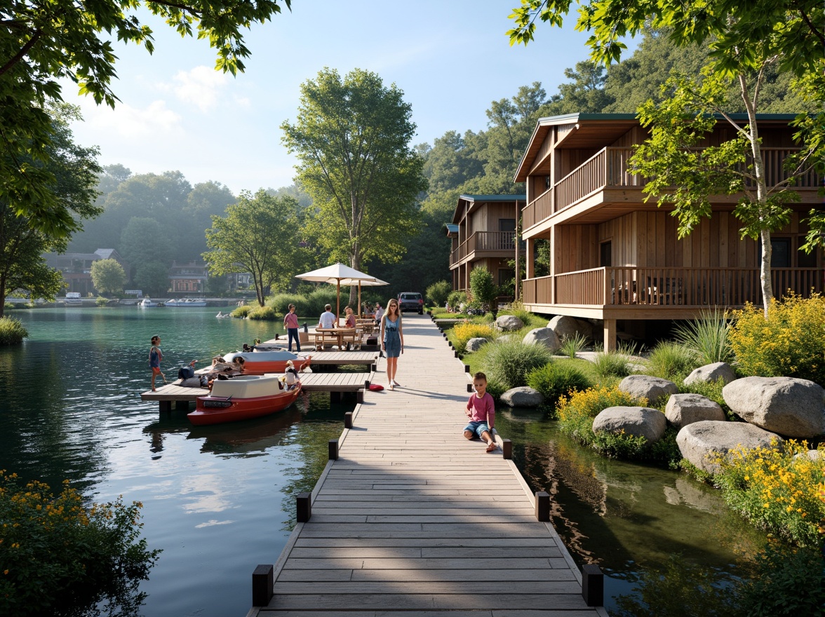 Prompt: Waterfront boathouse, rustic wooden docks, serene lake views, lush greenery, vibrant flowers, natural stone walls, wooden accents, nautical decorations, sailboats, kayaks, paddleboards, tranquil atmosphere, warm sunny day, soft diffused lighting, shallow depth of field, 3/4 composition, panoramic view, realistic textures, ambient occlusion.