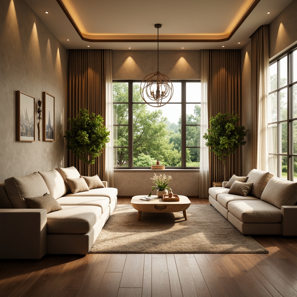 Prompt: Cozy living room, plush sofas, warm beige walls, rich wood flooring, soft golden lighting, comfortable throw pillows, modern minimalist decor, large windows, natural daylight, lush greenery views, elegant chandeliers, sophisticated color palette, calming atmosphere, shallow depth of field, 1/1 composition, realistic textures, ambient occlusion.