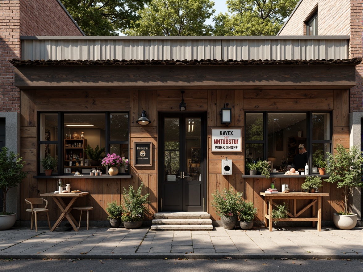 Prompt: Rustic workshop facade, distressed wooden planks, metal cladding, industrial-style windows, exposed brick walls, vintage signage, eclectic architectural details, warm earthy tones, natural stone foundations, overhanging roofs, asymmetrical composition, dramatic shadows, soft diffused lighting, 1/2 composition, realistic textures, ambient occlusion.