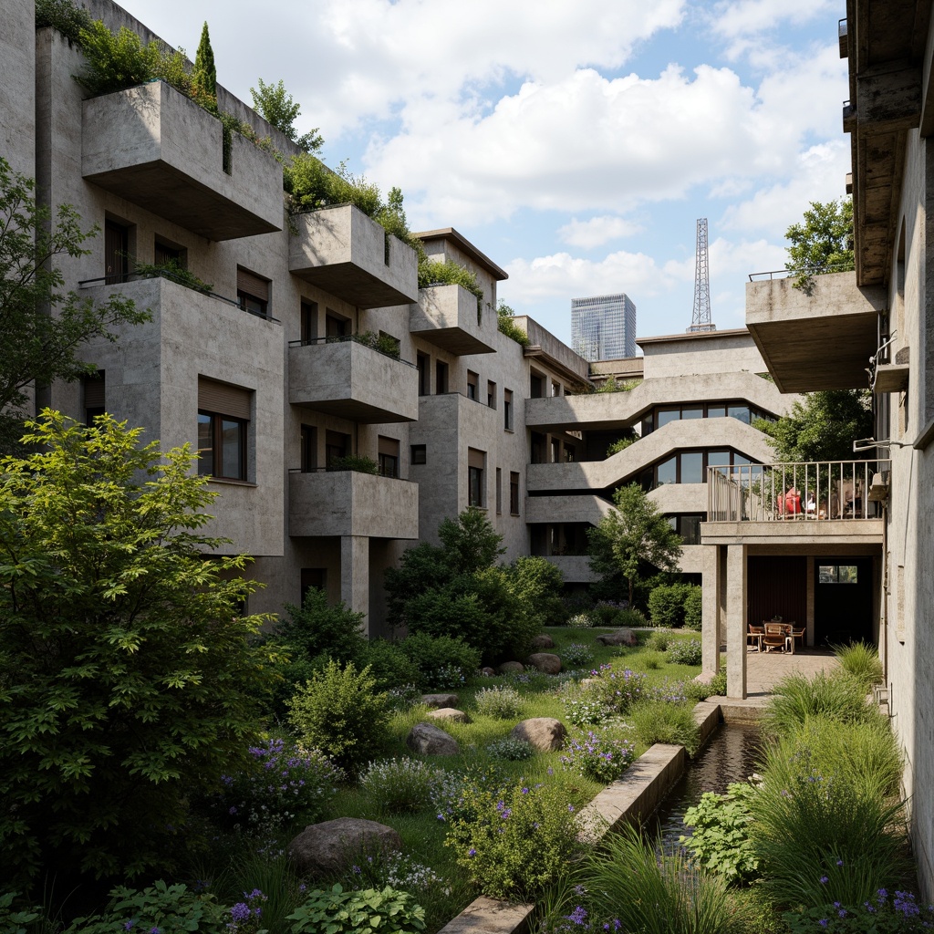 Prompt: Rugged brutalist buildings, raw concrete textures, fortress-like structures, overgrown vegetation, wildflowers, moss-covered walls, weathered steel beams, industrial materials, urban landscape integration, cityscape views, elevated walkways, cantilevered sections, dramatic shadows, harsh natural light, 1/1 composition, symmetrical framing, high-contrast colors, gritty realistic textures, ambient occlusion.