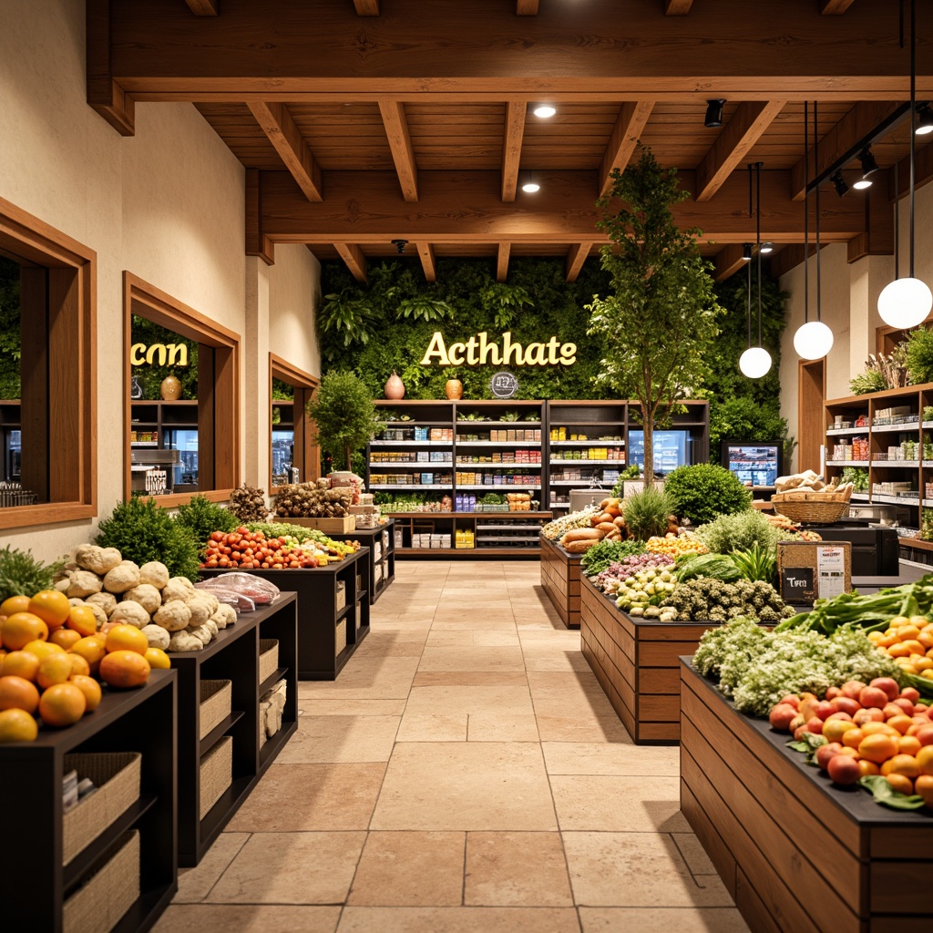 Prompt: Vibrant grocery store interior, warm beige walls, rich wood accents, fresh greenery, natural stone flooring, earthy terracotta tiles, bright LED lighting, colorful product displays, modern shelving units, sleek metal fixtures, bold signage, lively orange and yellow hues, calming blue tones, inviting atmosphere, shallow depth of field, 1/1 composition, realistic textures, ambient occlusion.