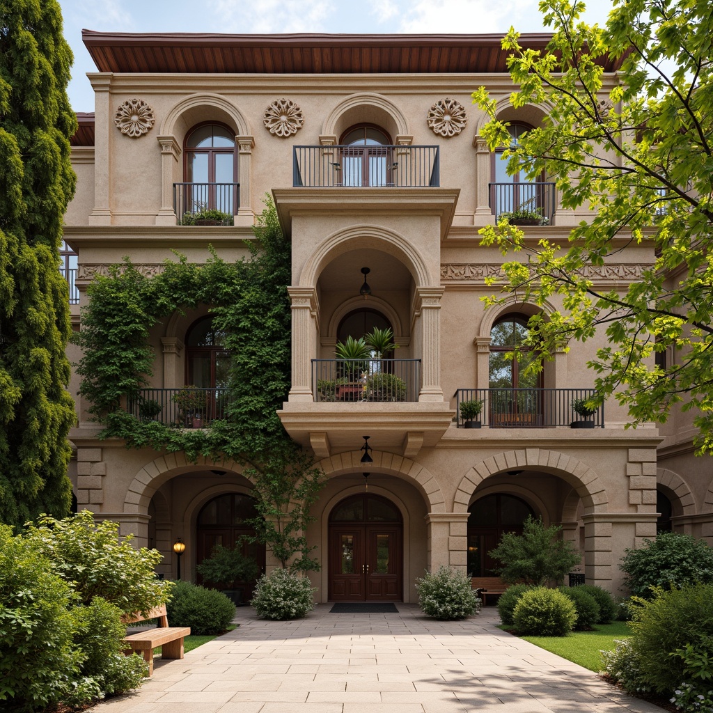 Prompt: Rustic university building, Romanesque style architecture, ornate stone carvings, arched windows, grand entranceways, heavy wooden doors, intricate ironwork, weathered stone walls, lush green ivy, vibrant flower boxes, decorative cornices, classical columns, warm beige stonework, soft afternoon lighting, shallow depth of field, 1/2 composition, realistic textures, ambient occlusion.