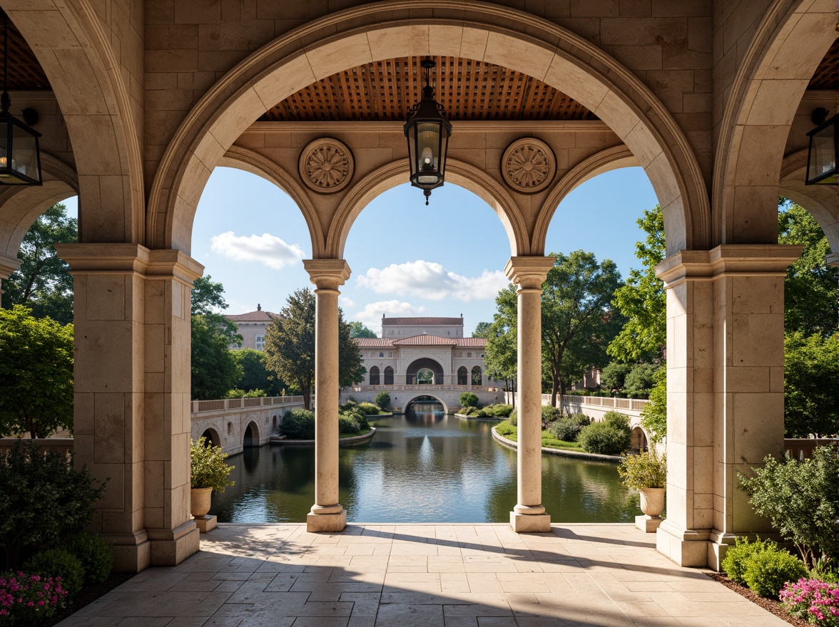 Prompt: Elegant archways, ornate stone carvings, rustic brick facades, grandiose bridge structures, serene water reflections, lush greenery, vibrant flowers, majestic river views, sunny day, soft warm lighting, shallow depth of field, 3/4 composition, panoramic view, realistic textures, ambient occlusion, Renaissance-inspired ornateness, classical columns, symmetrical architecture, harmonious proportions, intricate stonework, weathered copper details, ornamental lanterns.