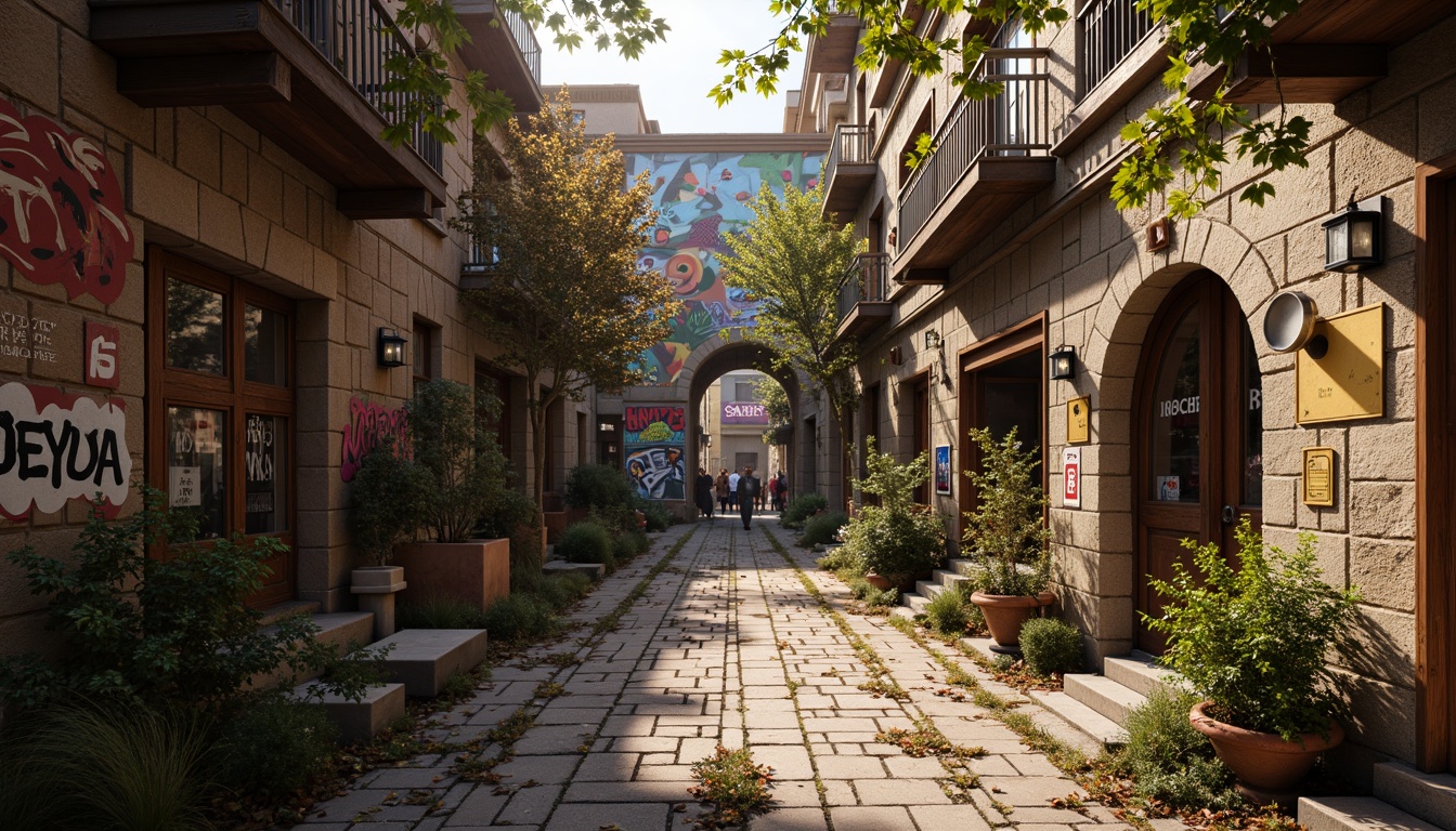 Prompt: Rustic wooden planks, distressed metal sheets, rough stone walls, vibrant graffiti murals, eclectic urban landscapes, gritty alleyways, worn brick facades, ornate architectural details, intricate mosaics, colorful street art, dynamic shadows, warm golden lighting, shallow depth of field, 1/2 composition, realistic textures, ambient occlusion.