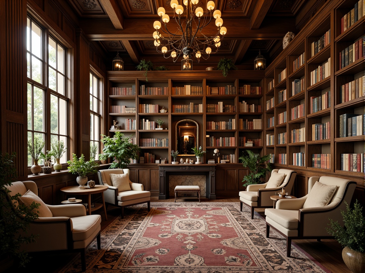 Prompt: Cozy library atmosphere, warm wooden shelves, comfortable reading nooks, soft cushioned chairs, rich leather-bound books, elegant chandeliers, subtle natural light, earthy tone color palette, soothing sage greens, muted terracotta reds, creamy whites, dark walnut wood accents, vintage metal lanterns, ornate wooden paneling, plush area rugs, warm golden lighting, shallow depth of field, 2/3 composition, realistic textures, ambient occlusion.