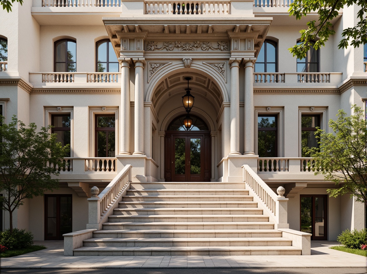 Prompt: Grandiose building facade, ornate columns, intricately carved details, symmetrical composition, classical proportions, limestone or marble materials, subtle color palette, soft natural light, warm afternoon ambiance, shallow depth of field, 2/3 composition, realistic textures, ambient occlusion, ornamental balustrades, decorative friezes, sculpted pediments, grand entranceways, sweeping staircases, elegant archways, refined moldings, luxurious ornamentation.