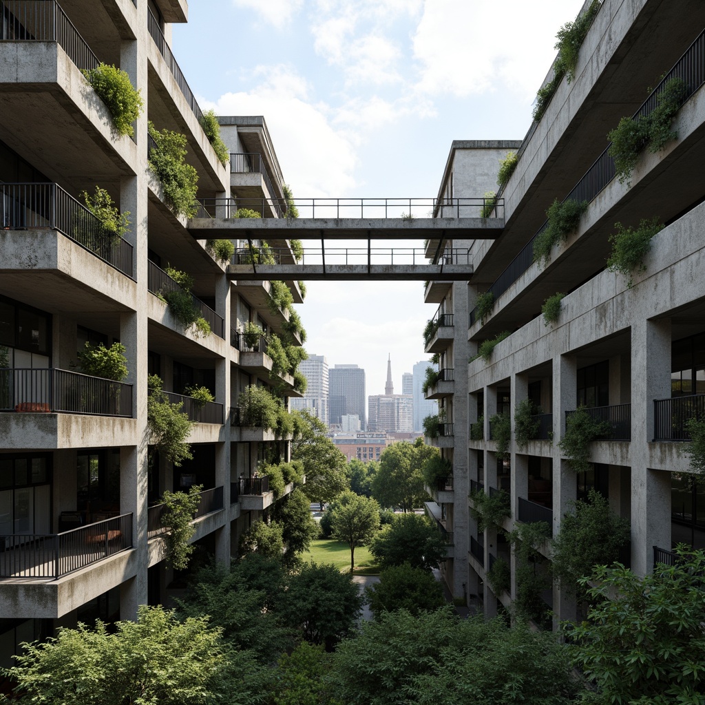 Prompt: Rugged brutalist buildings, raw concrete textures, fortress-like structures, overgrown vegetation, wildflowers, moss-covered walls, weathered steel beams, industrial materials, urban landscape integration, cityscape views, elevated walkways, cantilevered sections, dramatic shadows, harsh natural light, 1/1 composition, symmetrical framing, gritty realistic renderings, ambient occlusion.