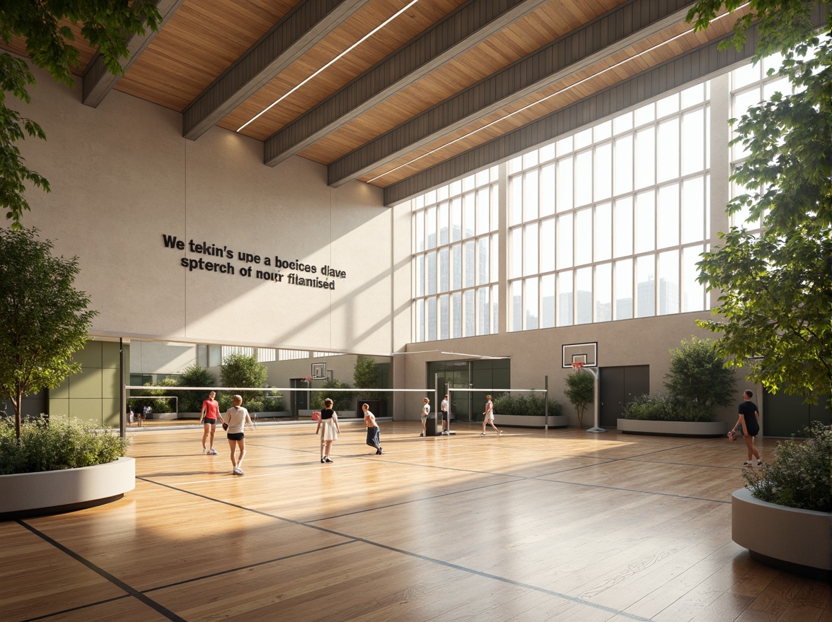 Prompt: Bright gymnasium interior, high ceilings, large windows, natural light pouring in, wooden flooring, athletic equipment, basketball hoops, volleyball nets, exercise machines, mirrored walls, motivational quotes, modern architecture, minimalist design, sleek lines, abundant greenery, lush plants, warm color tones, soft shadows, shallow depth of field, 1/1 composition, realistic textures, ambient occlusion.