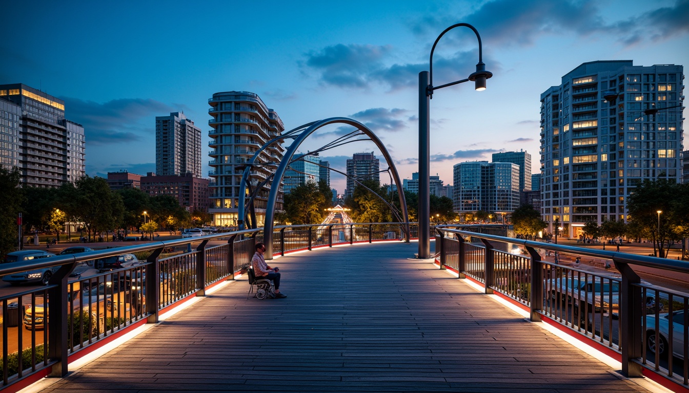 Prompt: Curved pedestrian bridge, sleek metal railings, wooden decking, modern urban landscape, city skyline, vibrant streetlights, bustling streets, dynamic structural elements, cantilevered sections, suspension cables, geometric shapes, minimalist design, functional lighting, safety features, accessible ramps, staircases, observation decks, panoramic views, realistic textures, ambient occlusion, shallow depth of field, 3/4 composition.