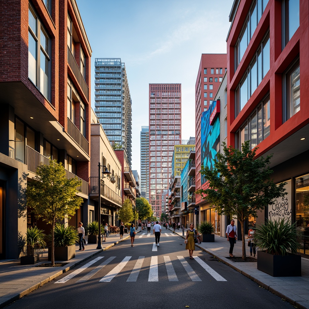 Prompt: Vibrant cityscape, modern skyscrapers, bold color blocking, contrasting hues, dynamic visual effects, urban energy, eclectic neighborhood, artistic murals, graffiti walls, trendy cafes, bustling streets, warm golden lighting, shallow depth of field, 1/1 composition, realistic textures, ambient occlusion.