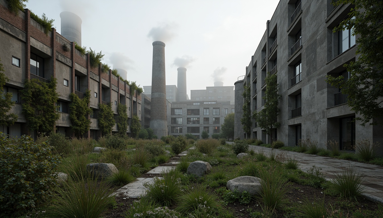 Prompt: Rugged brutalist architecture, raw concrete textures, fortress-like structures, overgrown vegetation, wildflowers, moss-covered walls, industrial landscapes, abandoned factories, crumbling brick facades, distressed metal accents, urban decay, post-apocalyptic atmosphere, dramatic lighting, low-angle shots, cinematic composition, gritty realistic renderings, atmospheric fog effects, misty mornings, eerie silence.