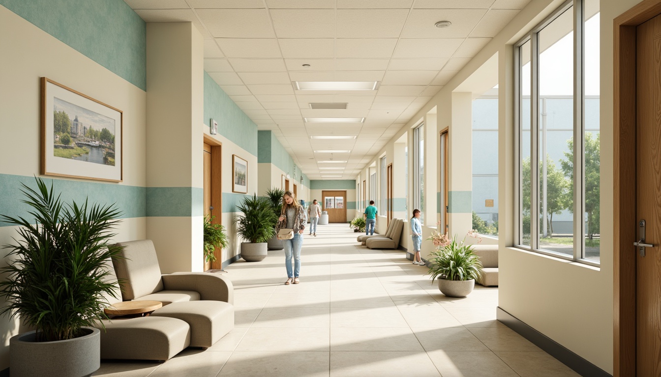 Prompt: Calming hospital corridors, soft pastel hues, gentle cream walls, soothing blue accents, natural wood tones, warm beige flooring, comfortable seating areas, lush green plants, calming water features, peaceful ambient lighting, subtle texture variations, 1/1 composition, shallow depth of field, realistic renderings, ambient occlusion.