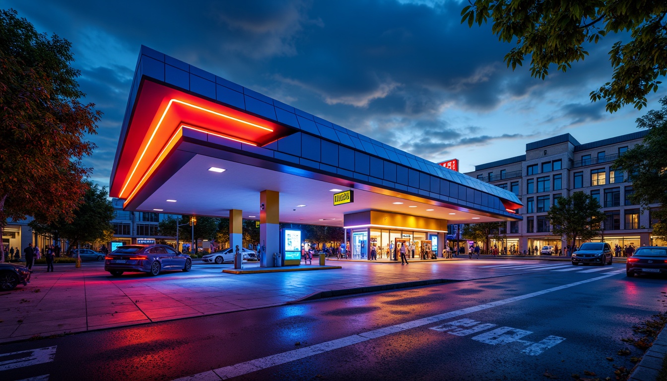 Prompt: Vibrant gas station, bold color scheme, neon lights, futuristic architecture, sleek metal canopies, modern fuel pumps, LED signage, dynamic angular lines, high-contrast colors, electric blue accents, bright yellow highlights, deep red tones, urban cityscape, busy streets, morning sunlight, shallow depth of field, 1/1 composition, realistic textures, ambient occlusion.