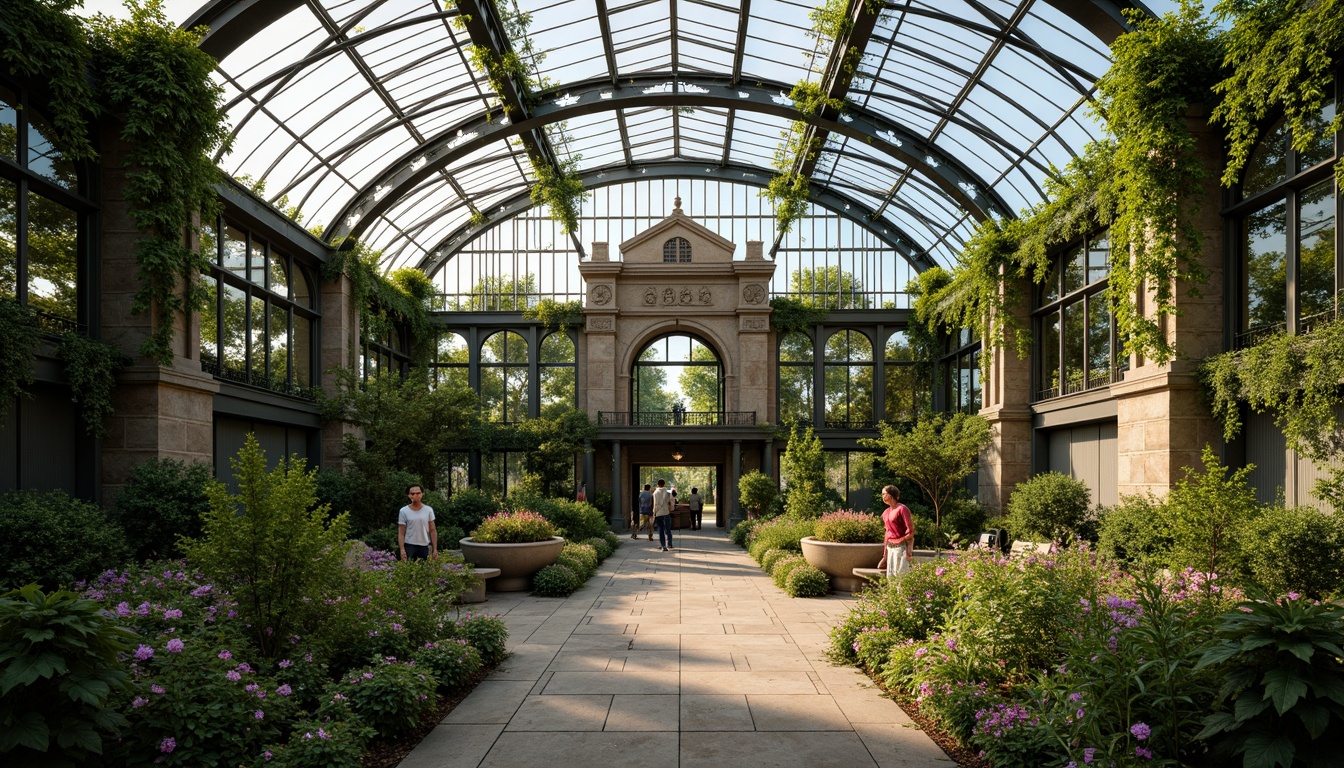 Prompt: Elegant greenhouse, lush greenery, ornate iron frames, Victorian-era inspired architecture, grand entranceways, symmetrical facades, rustic stone walls, curved glass roofs, natural ventilation systems, misting irrigation systems, tropical plants, exotic flowers, soft warm lighting, shallow depth of field, 1/1 composition, panoramic view, realistic textures, ambient occlusion, serene atmosphere, peaceful ambiance.