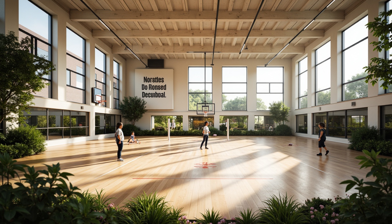 Prompt: Bright gymnasium interior, high ceilings, large windows, natural light pouring in, wooden flooring, athletic equipment, basketball hoops, volleyball nets, exercise machines, mirrored walls, motivational quotes, modern architecture, minimalist design, sleek lines, abundant greenery, lush plants, warm color tones, soft shadows, shallow depth of field, 1/1 composition, realistic textures, ambient occlusion.