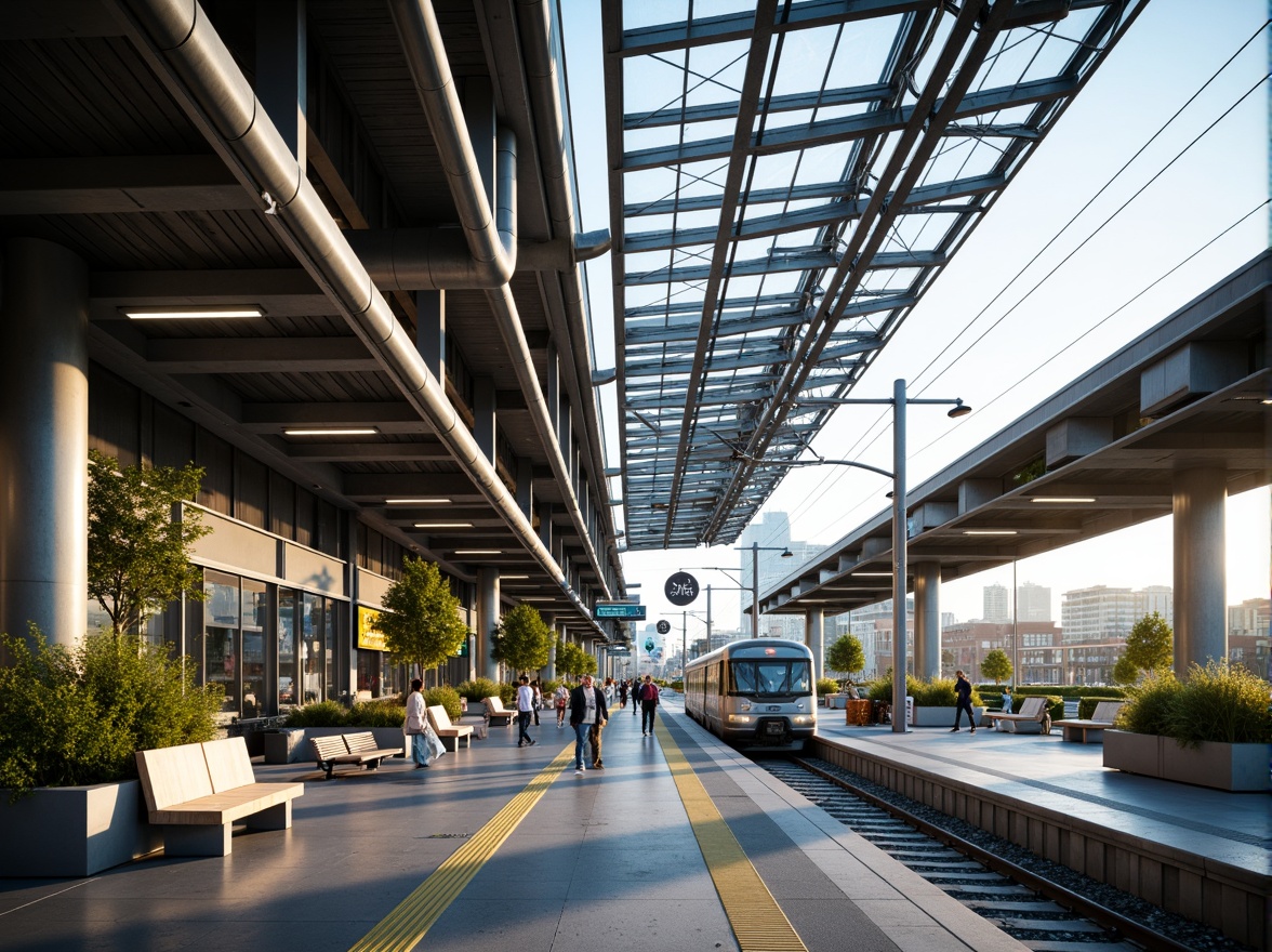 Prompt: Futuristic train station, sleek metal framework, glass roofs, LED lighting systems, polished concrete floors, stainless steel columns, minimalist benches, digital information displays, modern signage, green walls, living plants, natural ventilation systems, energy-efficient systems, solar panels, rainwater harvesting systems, recycled materials, industrial-style architecture, exposed ductwork, urban cityscape, busy streets, morning rush hour, soft warm lighting, shallow depth of field, 3/4 composition, panoramic view, realistic textures, ambient occlusion.