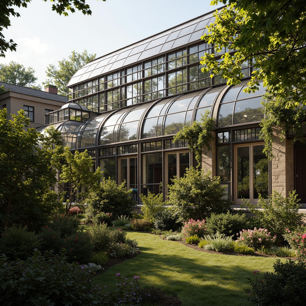 Prompt: Ornate greenhouse facade, lush greenery, elegant Victorian-era details, curved glass roofs, intricate metal frameworks, ornamental ironwork, soft natural light, warm earthy tones, rustic stone walls, climbing vines, blooming flowers, serene atmosphere, shallow depth of field, 1/1 composition, realistic textures, ambient occlusion.