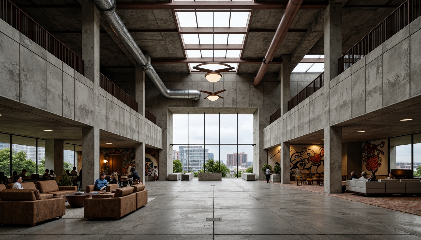 Prompt: Rugged community center, brutalist architecture, raw concrete walls, exposed ductwork, industrial metal beams, natural light pouring in, large skylights, clerestory windows, urban landscape views, gritty cityscape, overcast sky, soft diffused lighting, high contrast shadows, dramatic architectural forms, bold geometric shapes, functional minimalism, communal gathering spaces, reclaimed wood accents, weathered steel features, abstract graffiti art, moody atmospheric tones, cinematic composition, realistic textures, ambient occlusion.