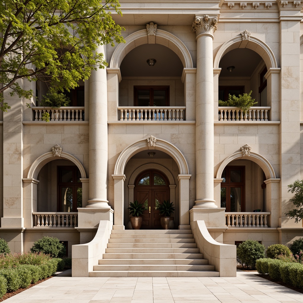 Prompt: Grandiose building facade, ornate columns, intricately carved details, symmetrical composition, classical arches, rusticated stone walls, grand entranceways, sweeping staircases, elegant balustrades, refined moldings, subtle ornamentation, muted earthy tones, warm beige stonework, soft natural lighting, shallow depth of field, 2/3 composition, realistic textures, ambient occlusion.