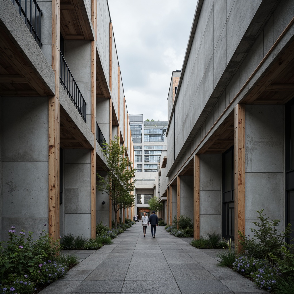 Prompt: Rough concrete walls, industrial metal beams, raw wooden accents, minimalist decorative elements, functional simplicity, bold geometric shapes, primary color schemes, brutalist influences, urban cityscape, overcast skies, dramatic shadows, high-contrast lighting, 1/1 composition, symmetrical framing, abstract textures, ambient occlusion.