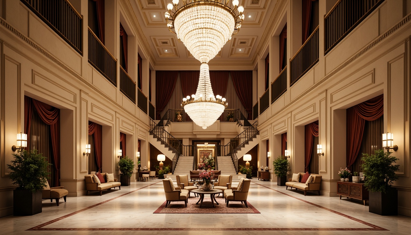 Prompt: Grand hotel lobby, high ceilings, ornate chandeliers, marble floors, symmetrical layout, classical columns, intricate moldings, luxurious furnishings, velvet drapes, golden accents, elegant staircases, spacious ballrooms, crystal chandeliers, refined wood paneling, sophisticated color palette, soft warm lighting, shallow depth of field, 1/1 composition, realistic textures, ambient occlusion.