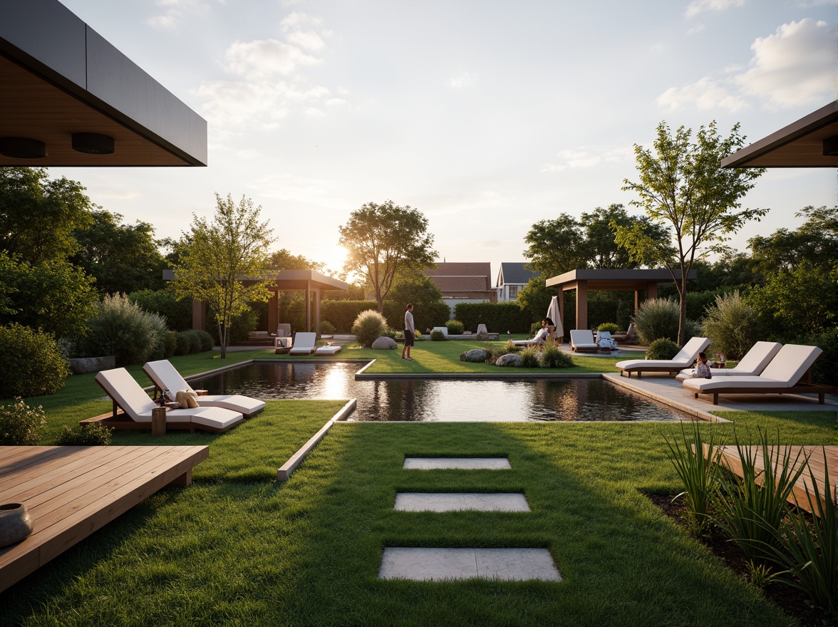 Prompt: Sleek modern villas, lush green lawns, vibrant flowerbeds, meandering stone pathways, tranquil water features, natural rock formations, wooden decks, outdoor seating areas, minimalist garden ornaments, ambient lighting, warm sunset glow, shallow depth of field, 1/1 composition, realistic textures, soft focus effect.