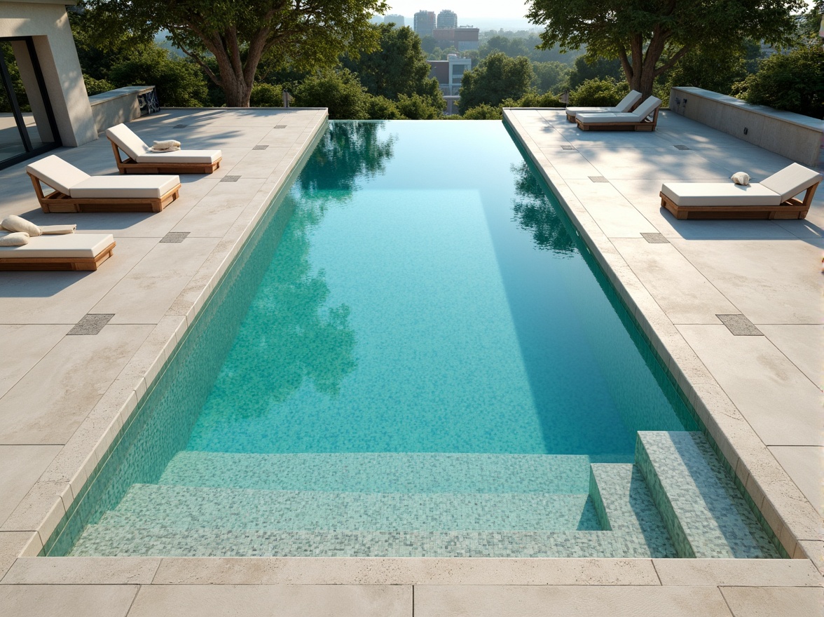 Prompt: Symmetrical pool shape, angular lines, modern minimalist design, sleek concrete surfaces, turquoise water, geometric patterned tiles, stepped platforms, cantilevered decks, infinity edge, sunny day, soft warm lighting, shallow depth of field, 3/4 composition, panoramic view, realistic textures, ambient occlusion.